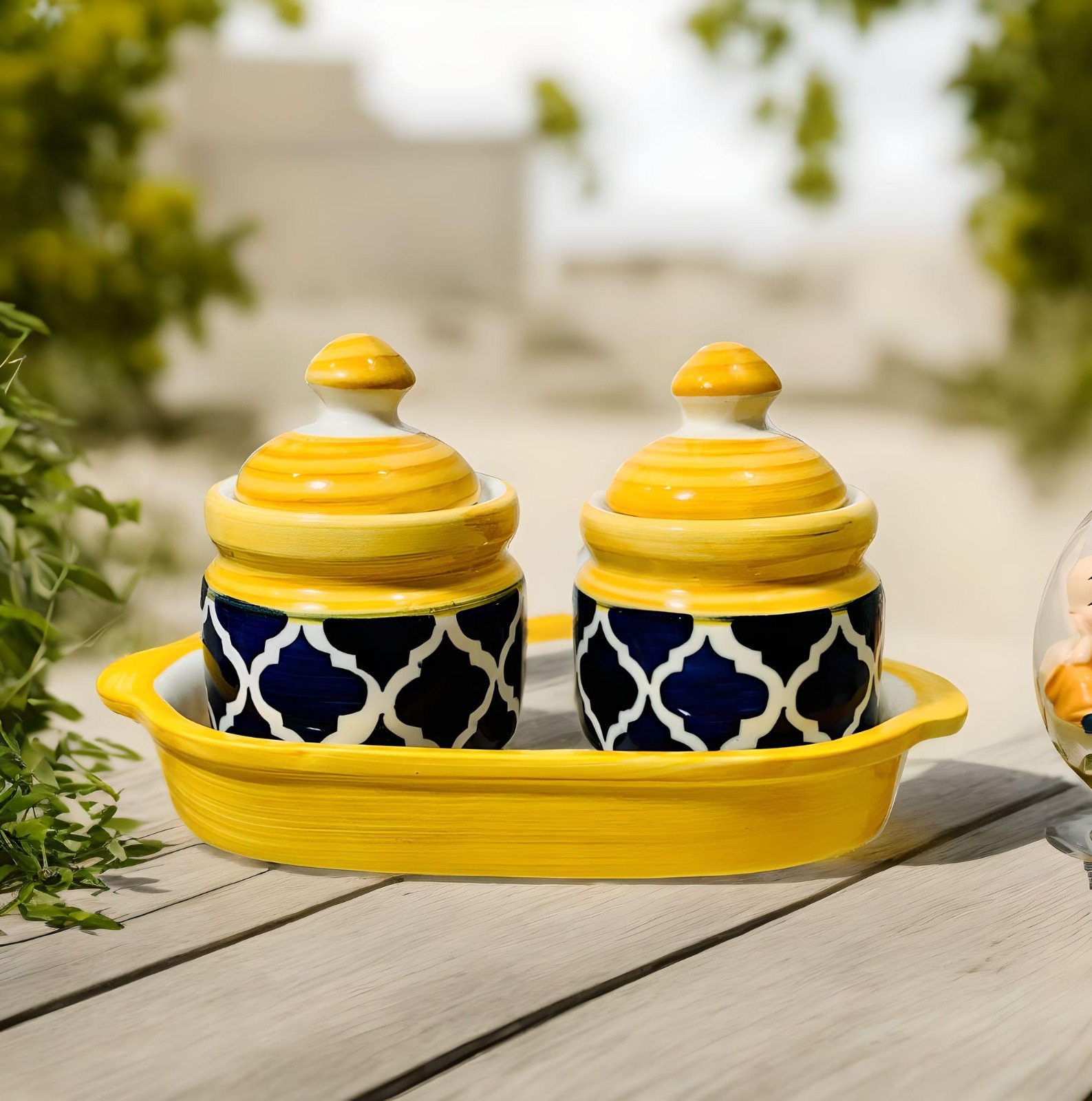 Homefrills Handpainted Multi-Utility Storage Ceramic Jars & Containers with Lid & Tray for Kitchen & Dinning Table Snacks/Chutney/Pickle Serving jar set(2 jars with Lid & 1 Tray) Colour-Mustard Blue